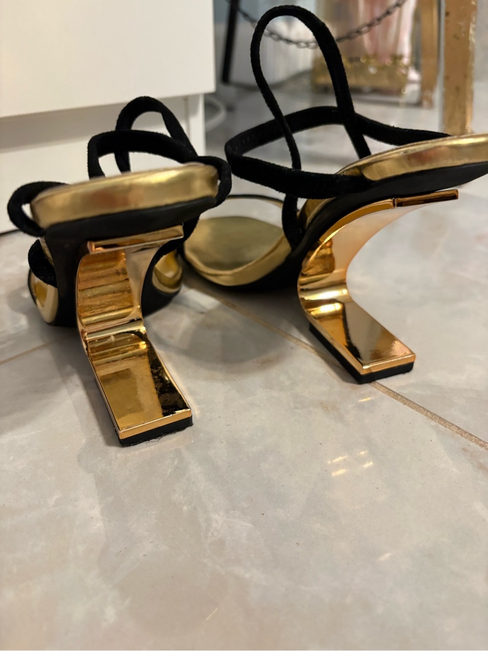 Jeffrey Campbell Black Suede Strappy Gold Metallic Sandal Heels - Picture 3 of 5